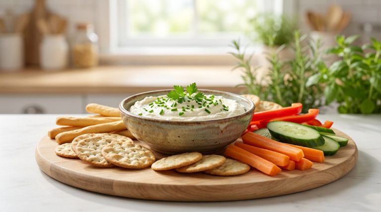 Bol de dip au fromage de chèvre frais, garni de ciboulette, servi avec des crackers et des bâtonnets de légumes frais.