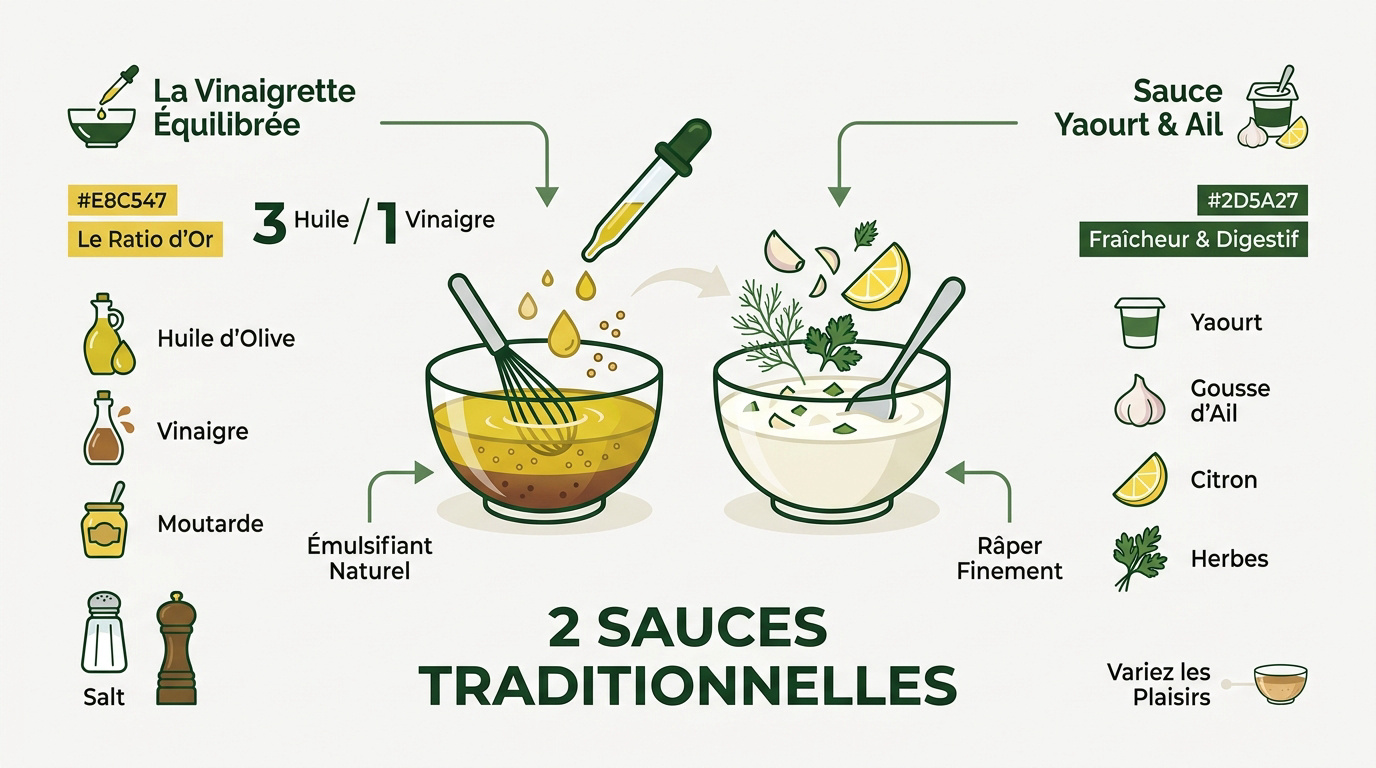 Vinaigrette maison et sauce au yaourt à l'ail pour salade de riz