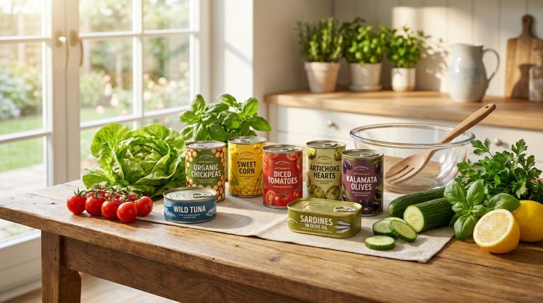 Assortiment de conserves, légumes frais et herbes sur une table en bois dans une cuisine lumineuse.
