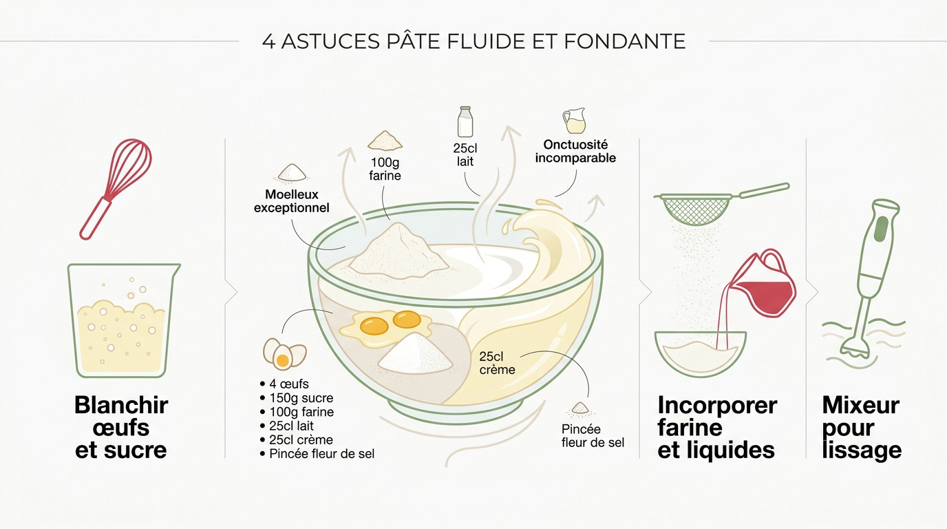 Préparation d'une pâte à clafoutis fluide et homogène pour un dessert réussi