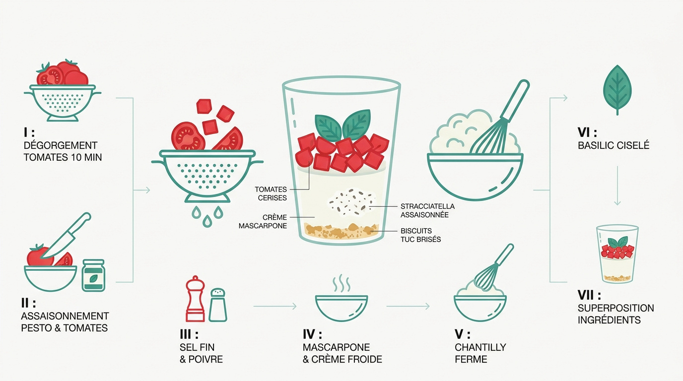 Verrine de tiramisu salé aux tomates et stracciatella fraîche