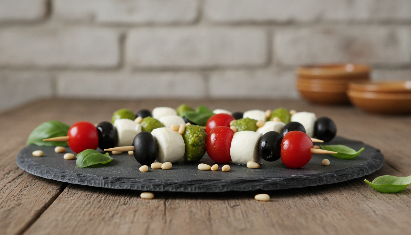 découvrez notre recette unique de fromage frais sublimé au pesto aromatique, une délicieuse brochette gourmande parfaite pour vos apéritifs et moments conviviaux.