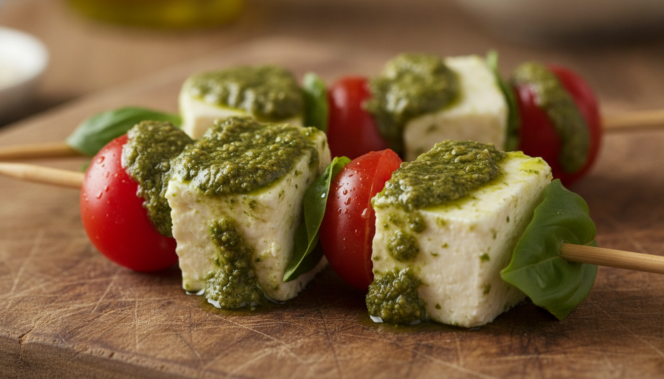 savourez délice en brochette, une délicieuse association de fromage frais onctueux sublimé par un pesto aromatique frais et parfumé, pour un apéritif gourmand et raffiné.