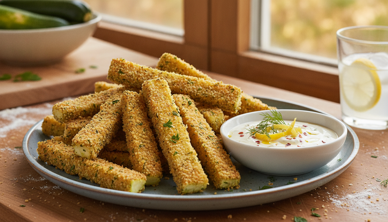 découvrez nos délicieuses frites de courgettes croustillantes, servies avec une sauce onctueuse au yaourt et citron confit pour une explosion de saveurs fraîches et gourmandes.