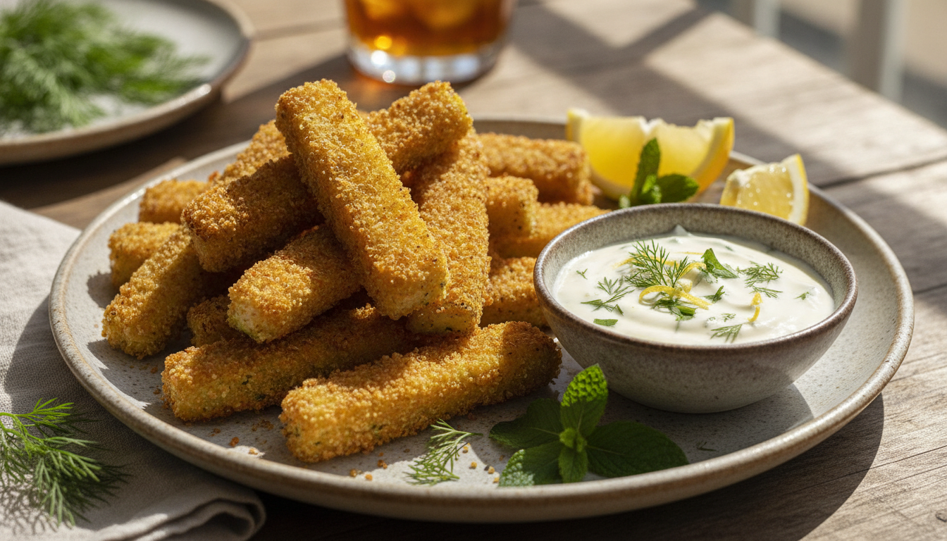 découvrez nos délicieuses frites de courgettes croustillantes, savoureusement accompagnées d'une sauce onctueuse au yaourt et citron confit, pour un apéritif léger et gourmand.