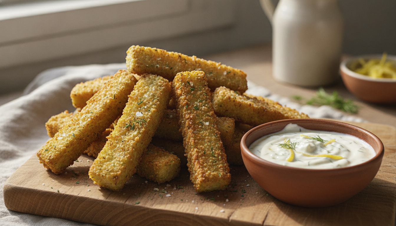 savourez des frites de courgettes croustillantes accompagnées d'une sauce onctueuse au yaourt et citron confit, un délicieux mélange de saveurs fraîches et gourmandes.