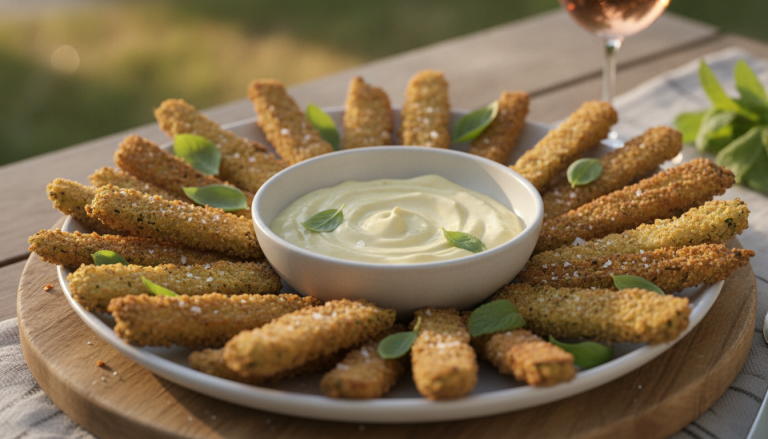 découvrez nos délicieuses frites de courgettes croustillantes, servies avec une sauce onctueuse au yaourt et citron confit pour une explosion de saveurs légères et gourmandes.