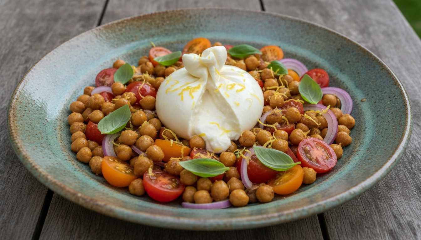 découvrez notre recette de salade d'été gourmande alliant burrata crémeuse et pois chiches croquants, idéale pour un repas savoureux et économique qui fera sensation.