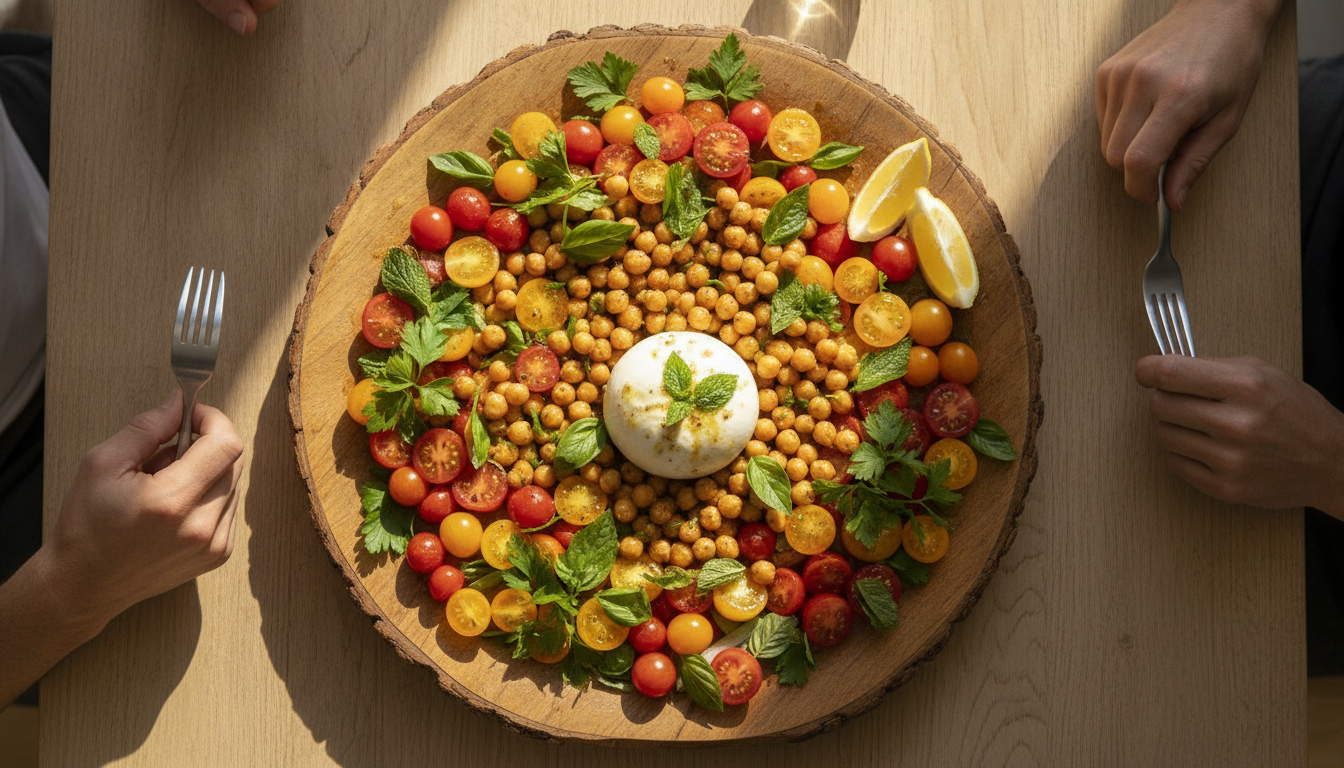 découvrez notre salade d'été gourmande alliant burrata crémeuse et pois chiches croquants pour un repas savoureux et économique qui surprendra vos invités.