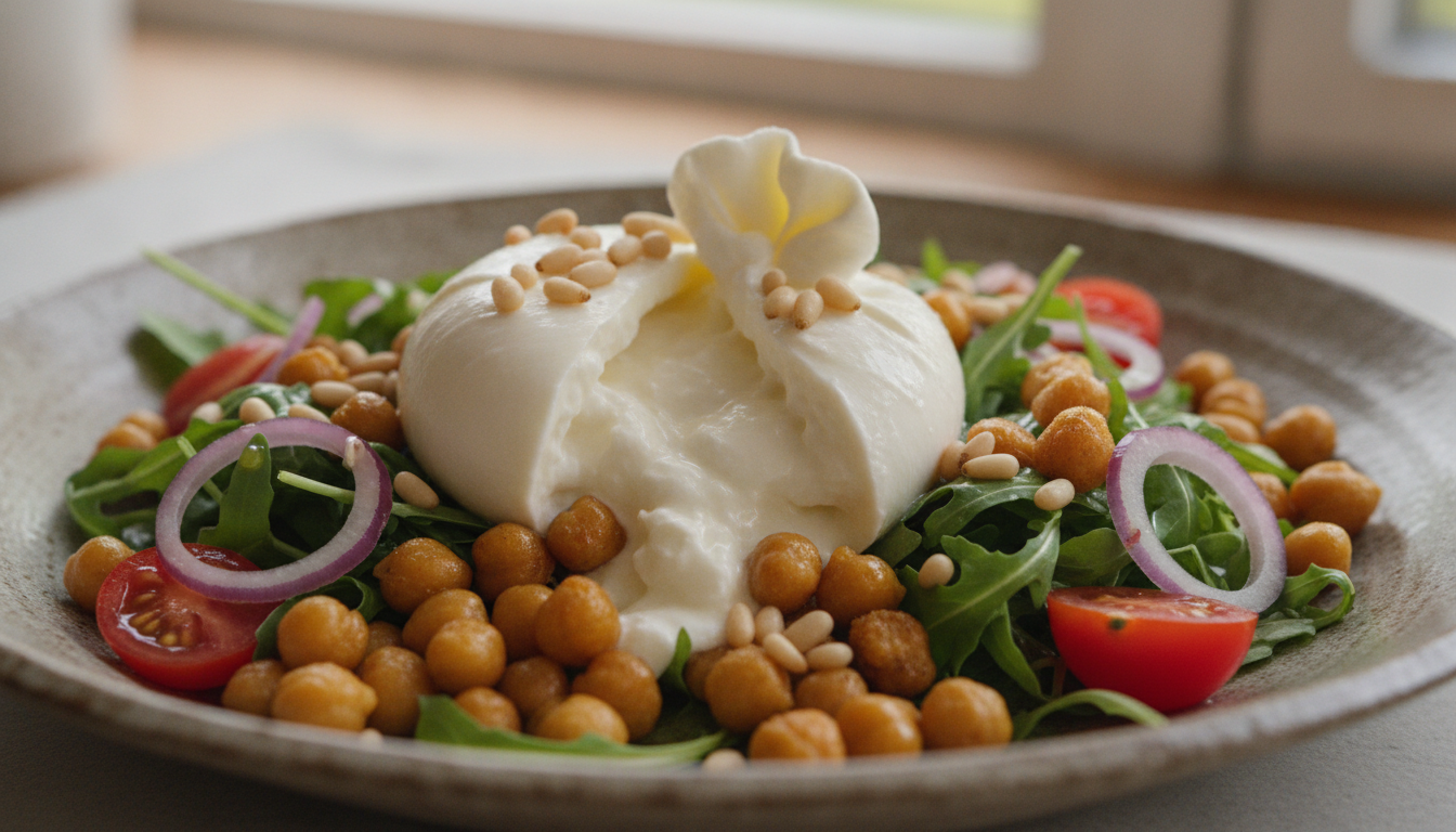 découvrez notre recette de salade d'été gourmande alliant burrata fondante et pois chiches croquants, pour un plat savoureux et économique qui fera sensation à chaque repas.