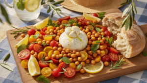 découvrez notre salade d'été gourmande alliant burrata crémeuse et pois chiches croquants, une recette savoureuse et économique pour un effet waouh garanti à petit budget.