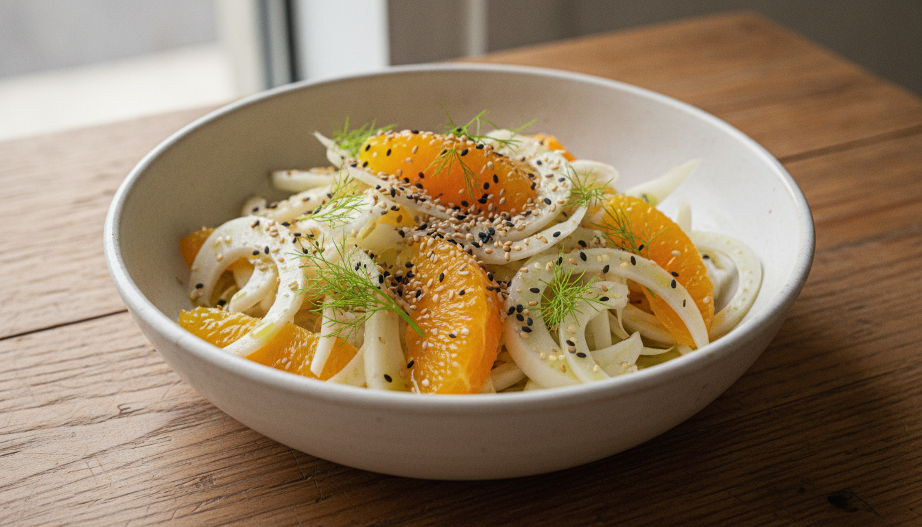 découvrez une salade fraîche et audacieuse de fenouil cru, sésame et orange, parfaite pour un repas léger et plein de saveurs. adoptez cette recette saine et rapide dès aujourd'hui !