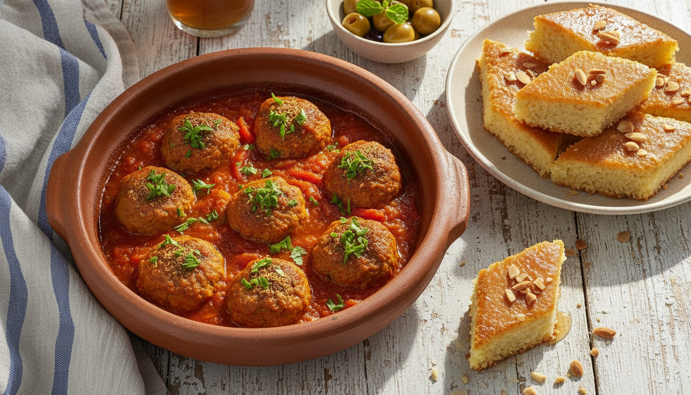 découvrez des saveurs méditerranéennes uniques avec nos boulettes de poisson à la marocaine accompagnées de la douceur sucrée de la basboussa, un délice traditionnel à savourer.