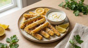 Assiette de frites de courgettes panées croustillantes avec une sauce au yaourt, du citron et du persil sur une table.