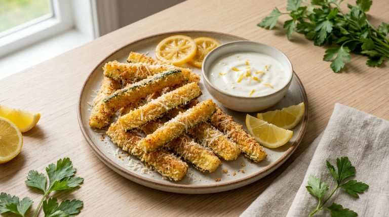 Assiette de frites de courgettes panées croustillantes avec une sauce au yaourt, du citron et du persil sur une table.