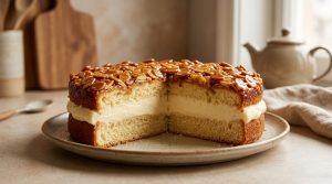 Gâteau nid d'abeille classique avec une garniture à la crème et des amandes caramélisées sur une assiette en céramique.