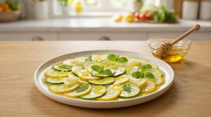 Fines tranches de courgettes jaunes et vertes marinées, décorées de menthe et de basilic sur une assiette.