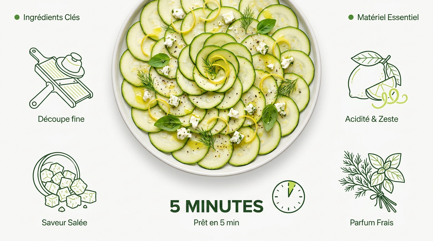 Carpaccio de courgettes crues finement tranchées avec feta et zestes de citron