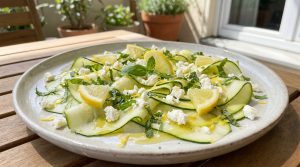 Une assiette de carpaccio de courgettes fines, parsemée de feta, de basilic et de quartiers de citron frais.