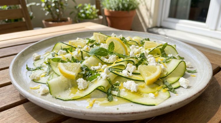 Une assiette de carpaccio de courgettes fines, parsemée de feta, de basilic et de quartiers de citron frais.