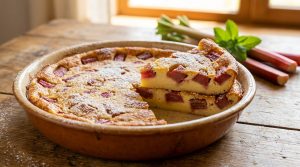 Clafoutis à la rhubarbe doré dans un plat en terre cuite sur une table en bois, avec une part coupée.