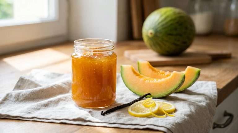 Un pot de confiture de melon dorée sur un torchon en lin, accompagné de tranches de melon, de citron et d'une gousse vanille.