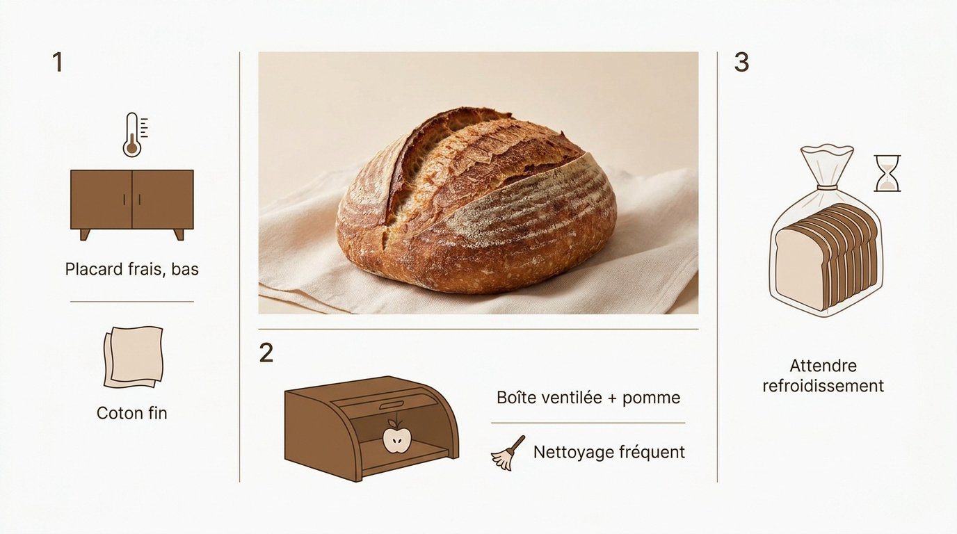 Pain artisanal frais conservé dans un torchon en coton sur une table en bois