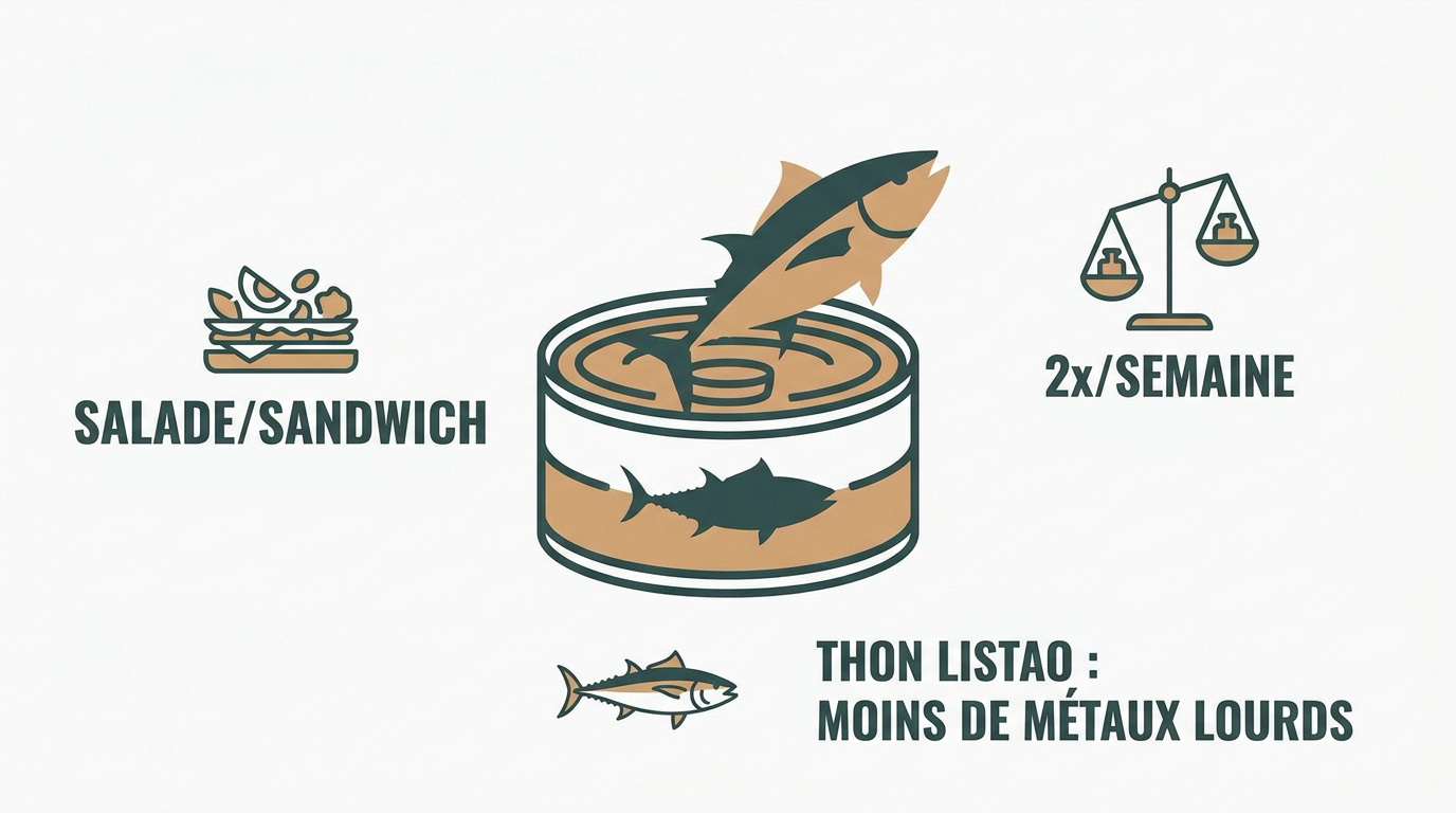 Boîte de thon ouverte avec des crudités fraîches pour une salade équilibrée