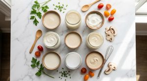 Divers bols et bocaux remplis de substituts de crème sur un plan de travail en marbre avec des légumes.