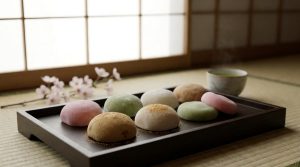 Assortiment de mochis colorés posés sur un plateau en bois devant une fenêtre shoji avec des fleurs de cerisier.