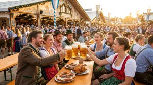 Un groupe d'amis joyeux trinque avec de grandes chopes de bière devant une tente traditionnelle à l'Oktoberfest.
