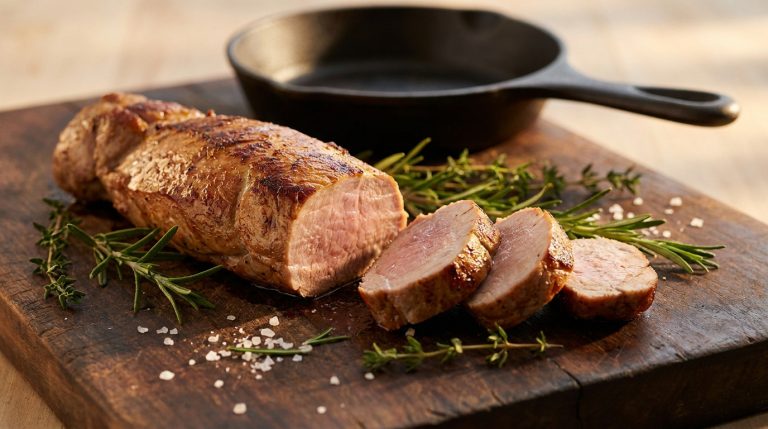 Filet mignon de porc rôti tranché sur une planche en bois avec des herbes fraîches et une poêle en fonte en arrière-plan.