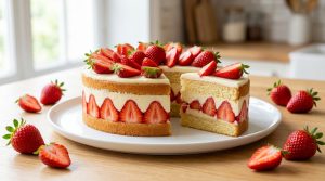 Un fraisier appétissant avec des fraises fraîches, coupé sur une assiette blanche dans une cuisine lumineuse.