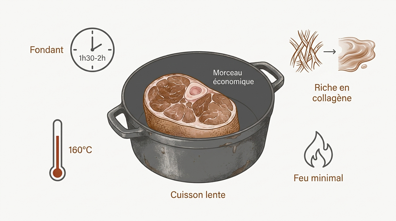 Rouelle de porc dorée mijotant doucement dans une cocotte en fonte avec des légumes