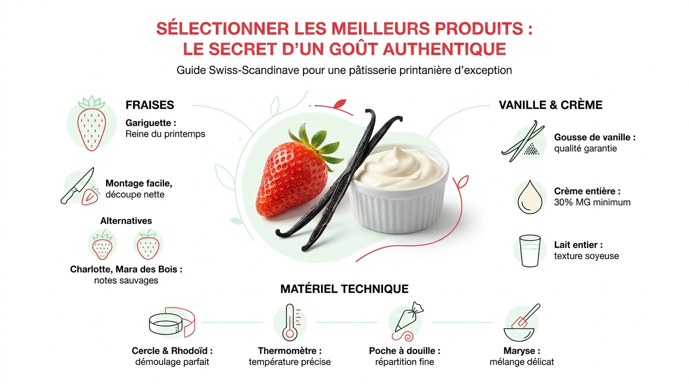 Sélection de fraises gariguettes fraîches et gousse de vanille pour un fraisier réussi