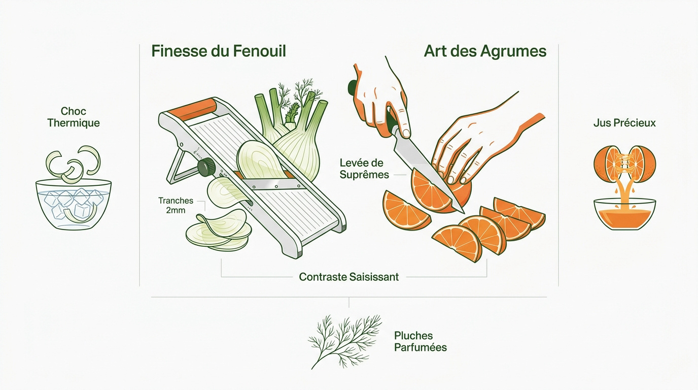Infographie culinaire montrant la découpe du fenouil et des agrumes pour une salade fraîche