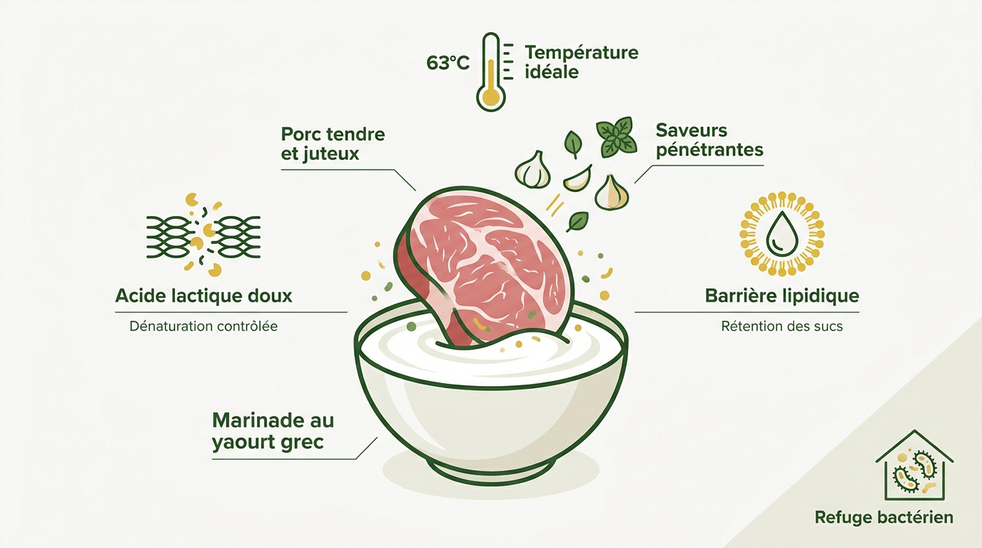 Infographie montrant les étapes de la marinade de porc au yaourt grec avec ail et herbes