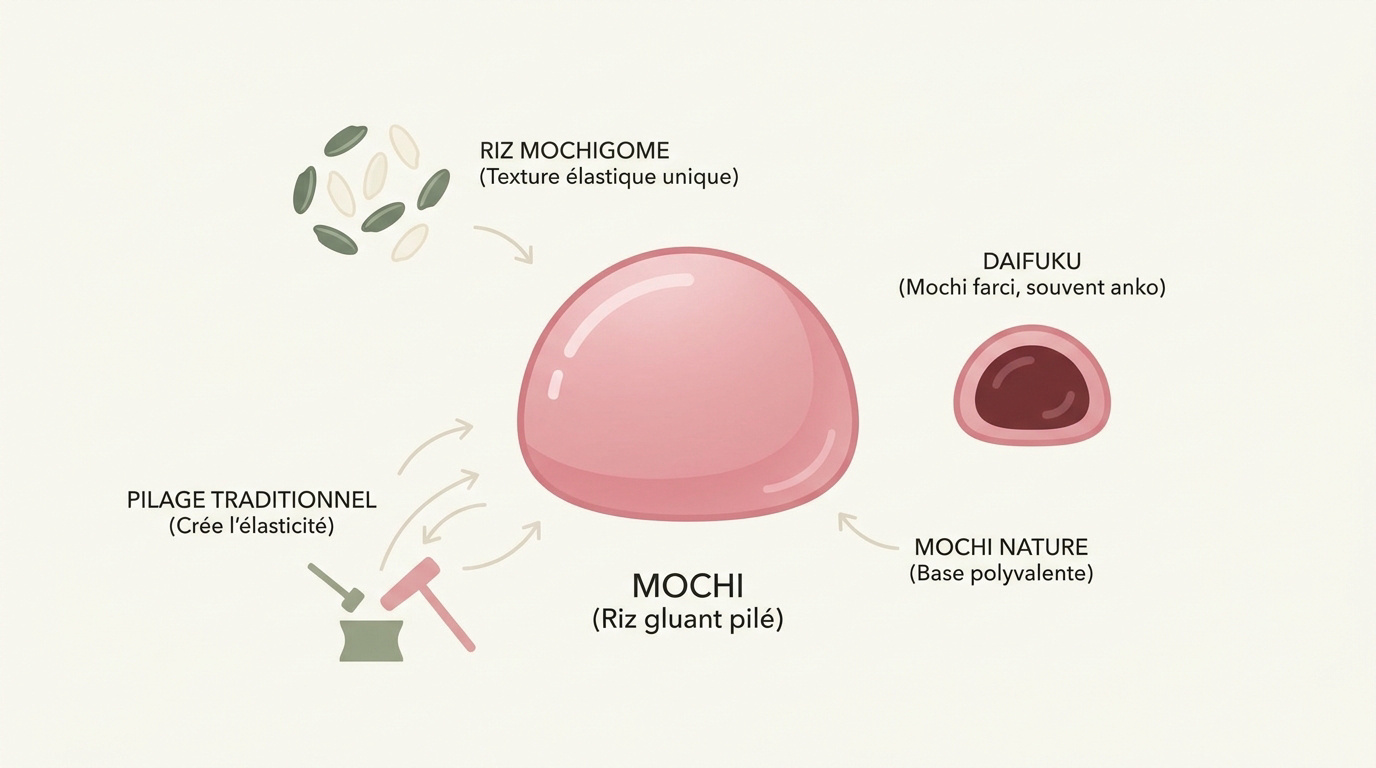 Infographie expliquant la texture élastique et la composition du mochi japonais