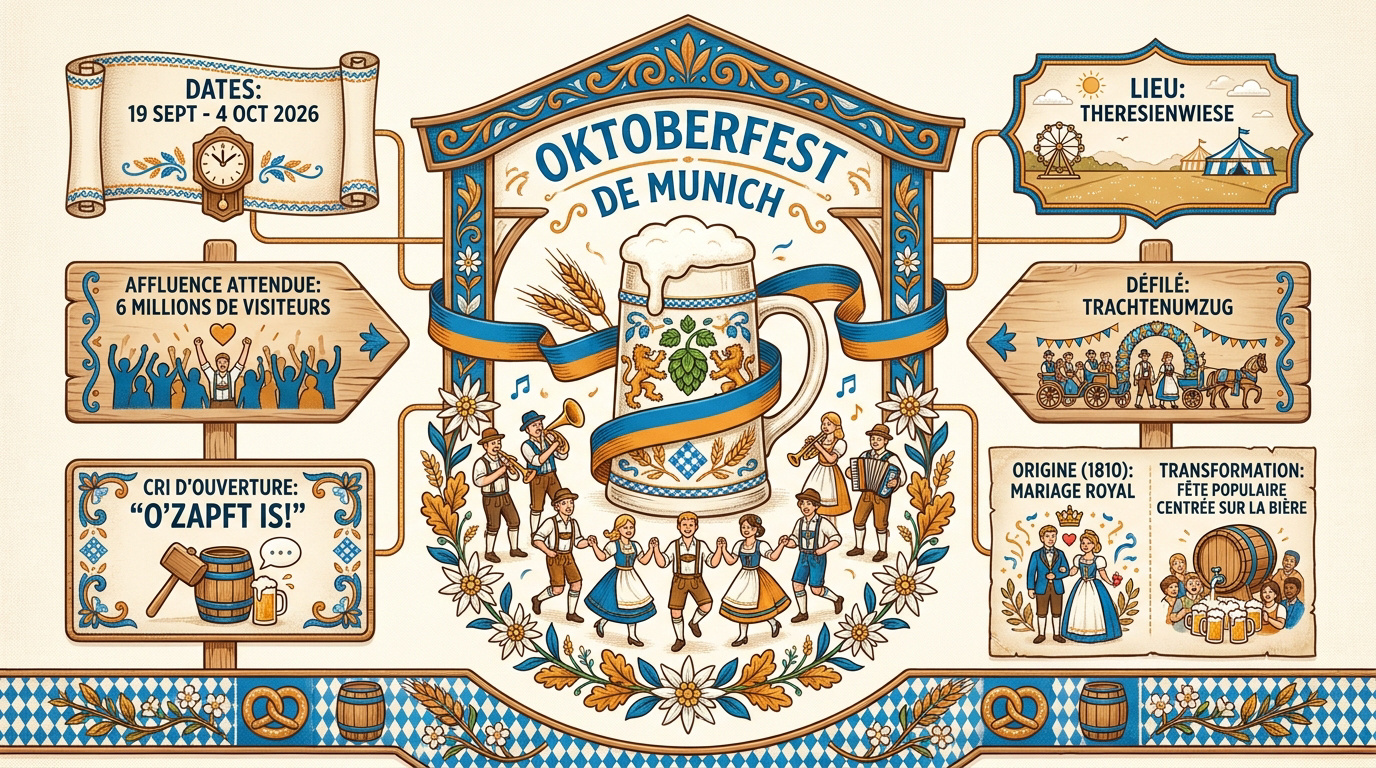 Infographie de l'Oktoberfest de Munich présentant les traditions et les chiffres clés du festival