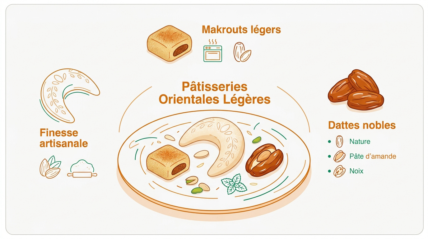 Infographie présentant des pâtisseries orientales légères comme les cornes de gazelle et les makrouts au four