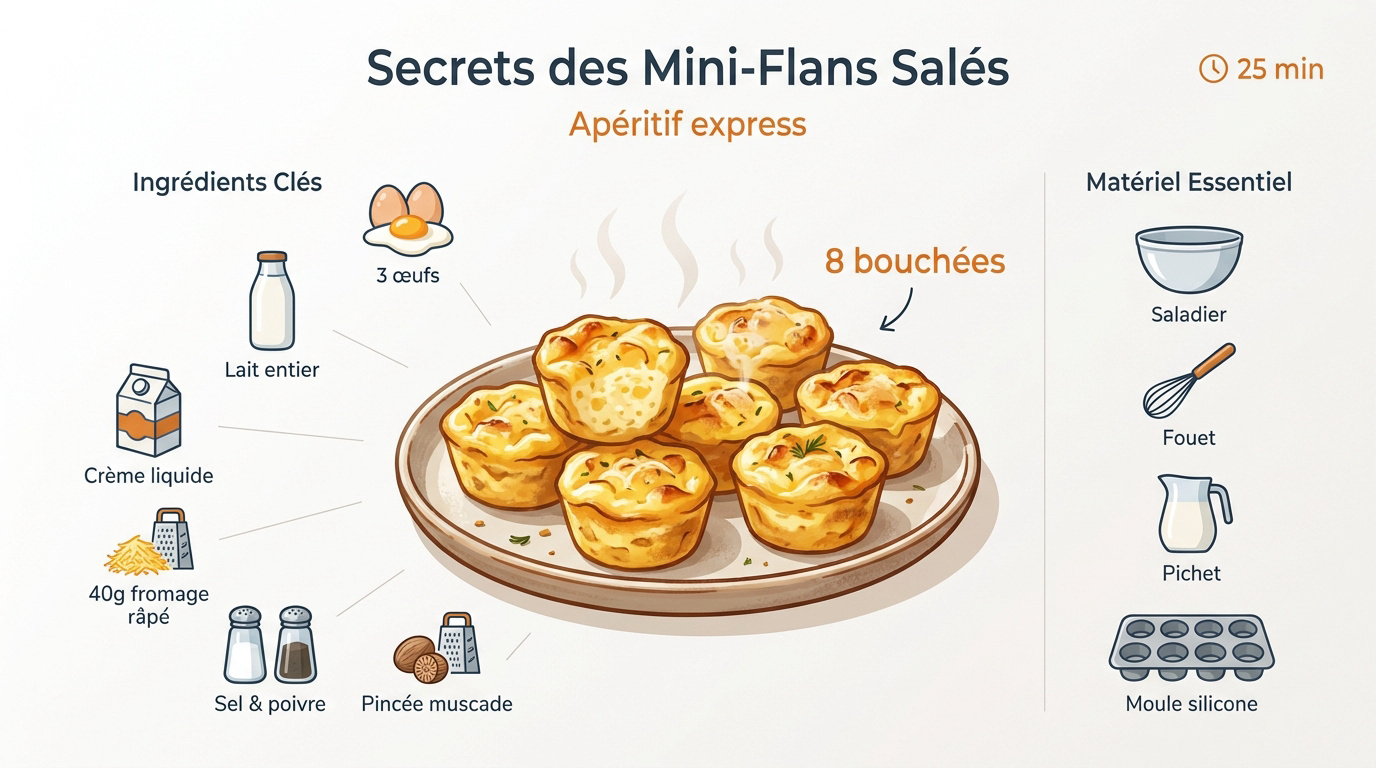 Infographie résumant les étapes de la recette des mini-flans salés express