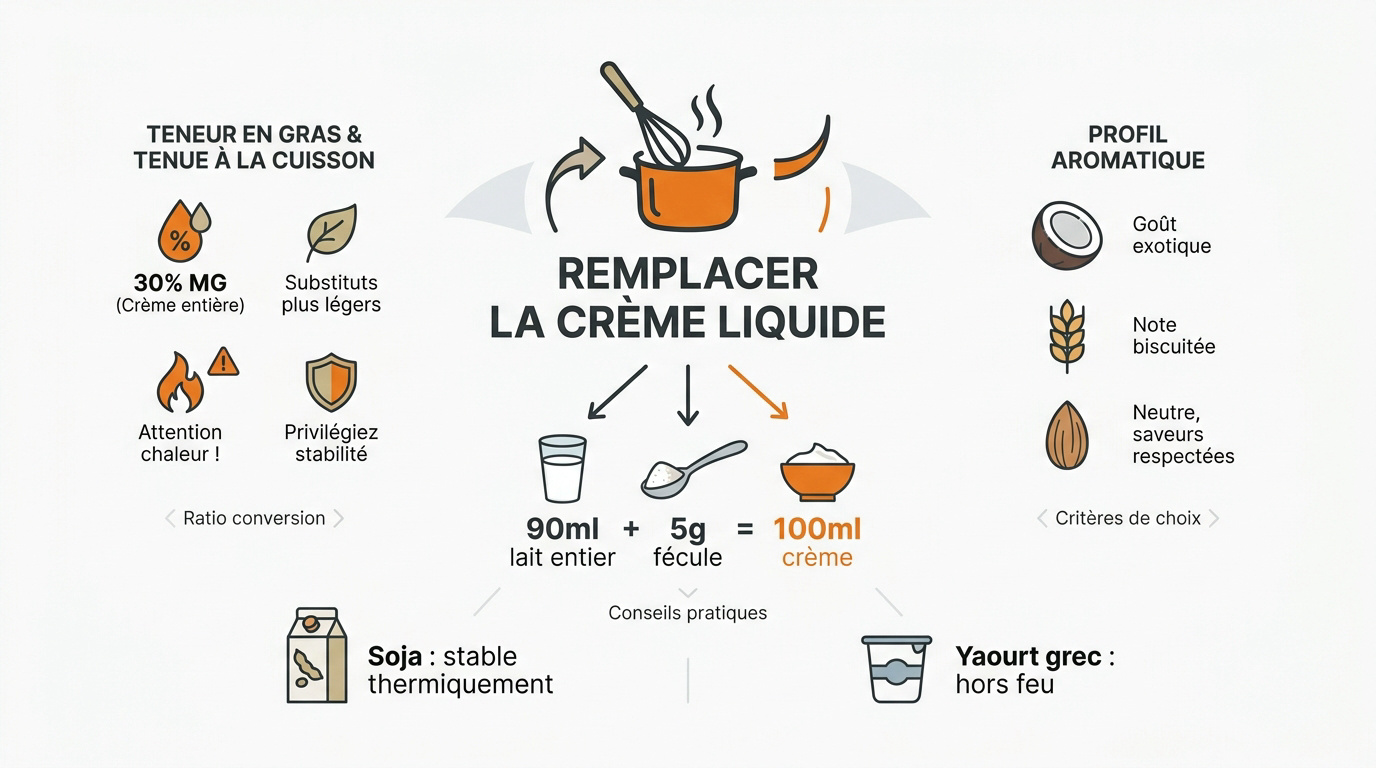 Infographie présentant les meilleures alternatives à la crème liquide selon les recettes