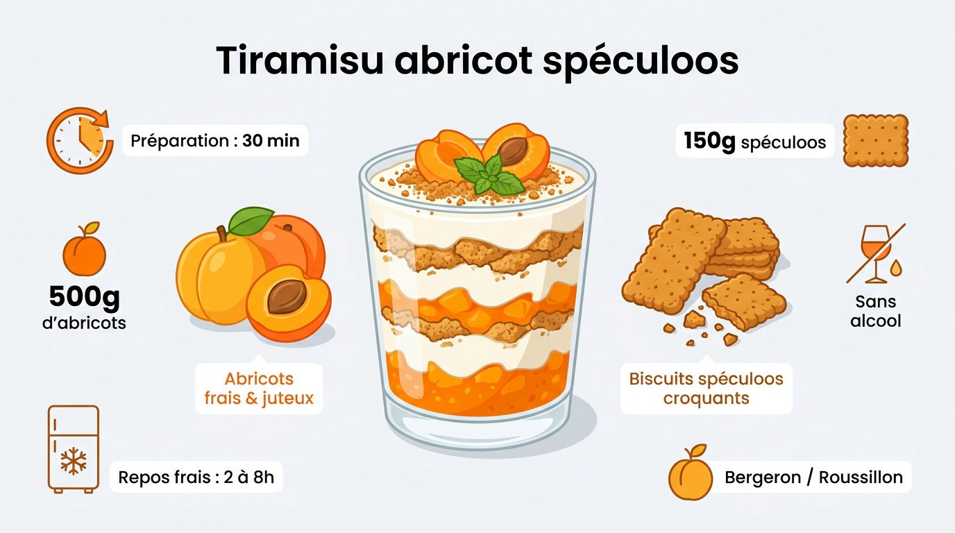 Infographie de la recette du tiramisu aux abricots et spéculoos avec étapes de préparation