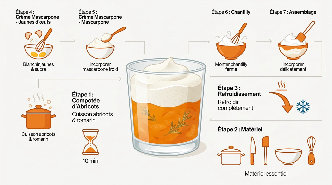 Infographie détaillée de la préparation d'une verrine abricot et crème mascarpone aux spéculoos