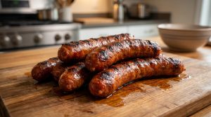 Un tas de merguez fraîchement grillées posées sur une planche à découper en bois dans une cuisine.
