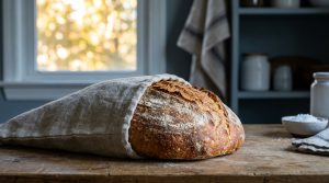 Une miche de pain croustillant posée sur une table en bois, partiellement enveloppée dans un sac en lin beige.