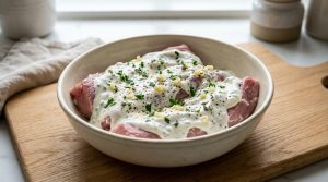 Morceaux de porc crus dans un bol en céramique, recouverts d'une marinade blanche au yaourt, ail et herbes fraîches.
