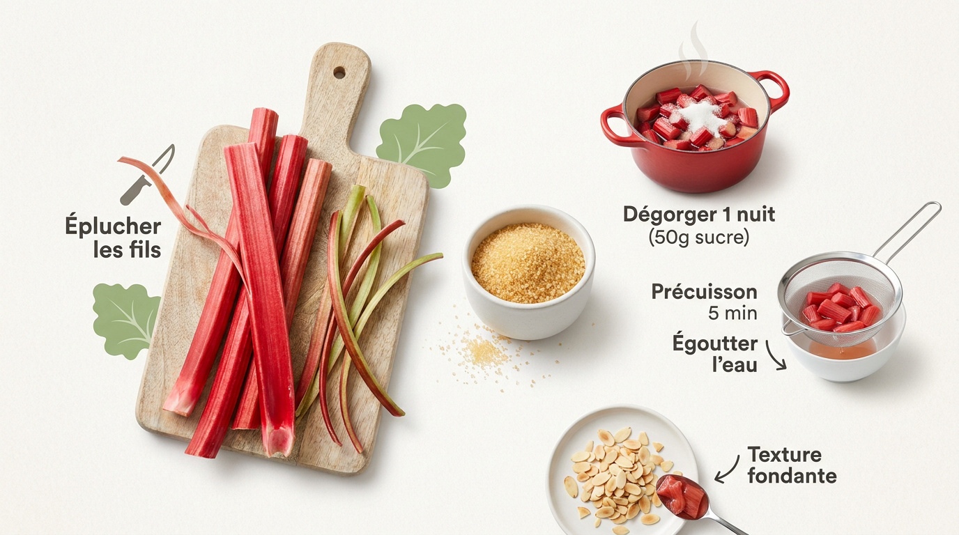 Préparation des tronçons de rhubarbe épluchés et saupoudrés de sucre pour le dégorgement