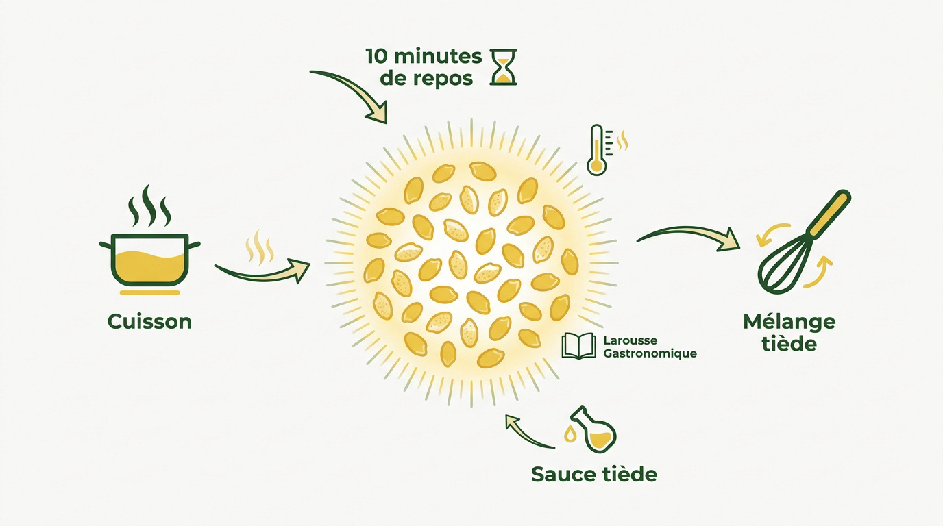 Préparation et assaisonnement d'une salade de riz tiède avec herbes fraîches