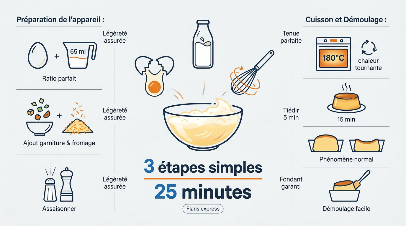Infographie résumant les trois étapes de préparation des mini-flans salés express